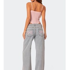 Edikted Gray and Pink Flare Wide Leg Jeans